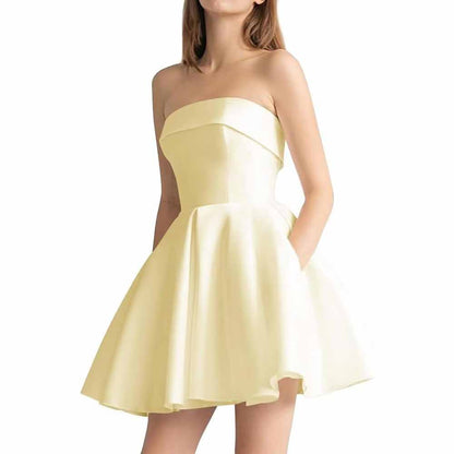 Women's Strapless Satin Short Prom Dresses with Pocket A Line Glitter Homecoming Dress