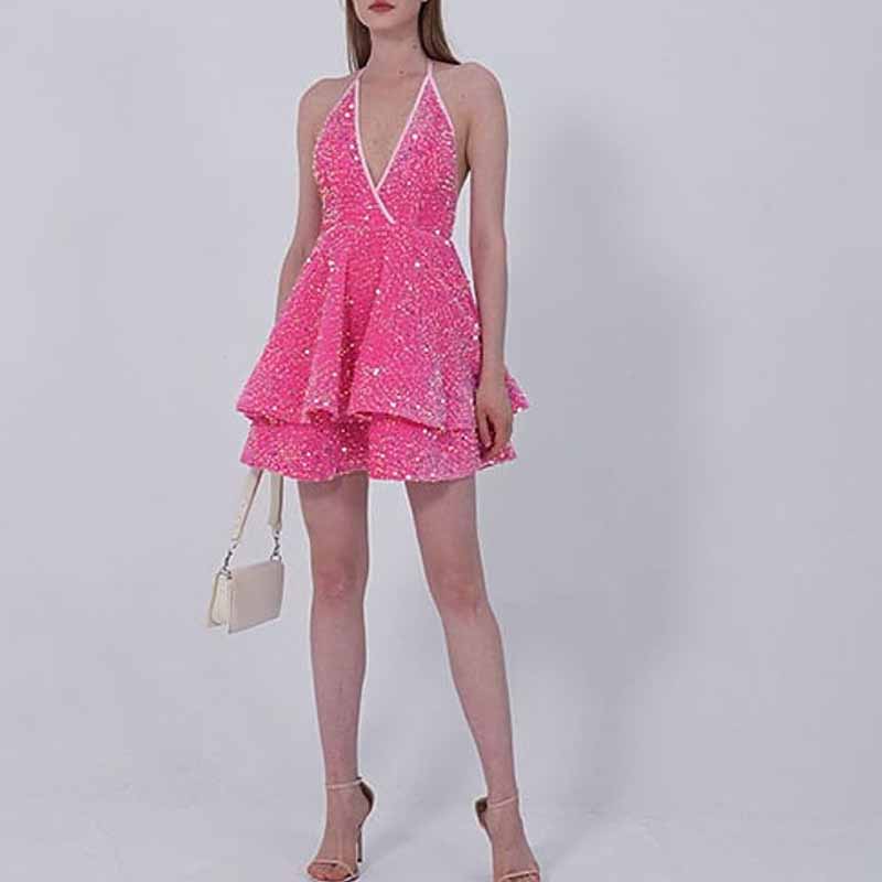 Halter V Neck Red Sexy Cocktail Dress Short 8th Grade Homecoming Dress Y9673