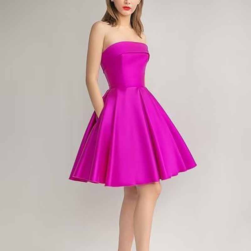 Women's Strapless Satin Short Prom Dresses with Pocket A Line Glitter Homecoming Dress