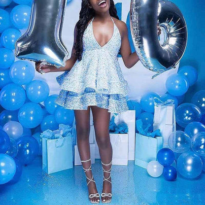 Short Homecoming Dresses Sparkly Halter Tiered Mini Cocktail Evening Party Dresses