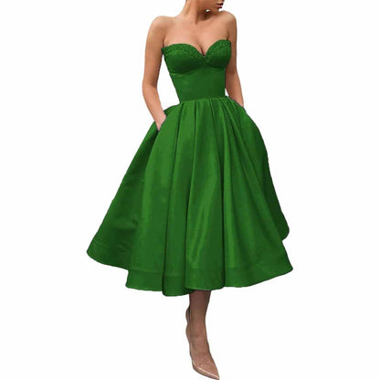Women's Short Prom Dresses Ruched A-line Satin Tea Length Formal Evening Party Dress with Pockets