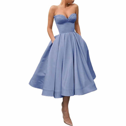 Women's Short Prom Dresses Ruched A-line Satin Tea Length Formal Evening Party Dress with Pockets