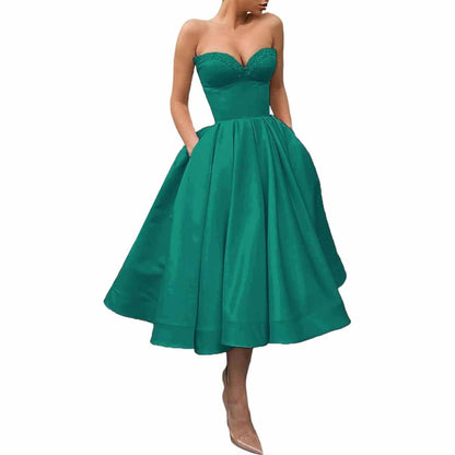 Women's Short Prom Dresses Ruched A-line Satin Tea Length Formal Evening Party Dress with Pockets