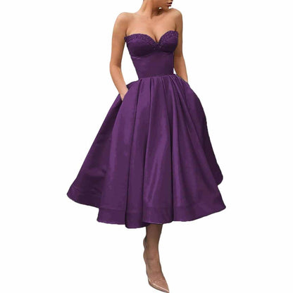 Women's Short Prom Dresses Ruched A-line Satin Tea Length Formal Evening Party Dress with Pockets
