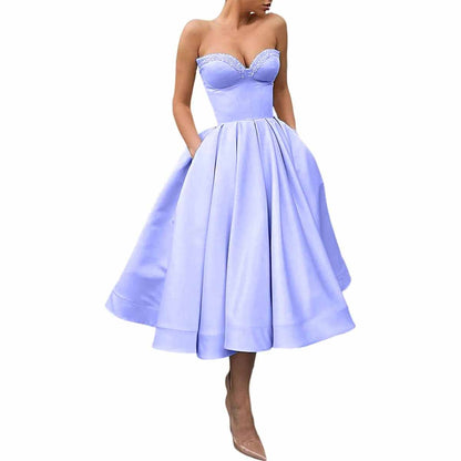 Women's Short Prom Dresses Ruched A-line Satin Tea Length Formal Evening Party Dress with Pockets