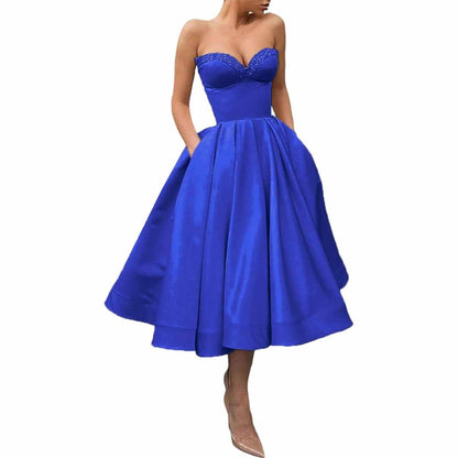 Women's Short Prom Dresses Ruched A-line Satin Tea Length Formal Evening Party Dress with Pockets