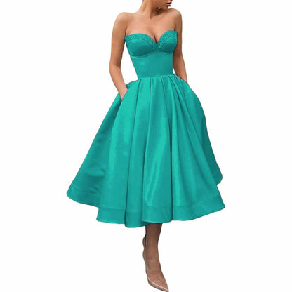 Women's Short Prom Dresses Ruched A-line Satin Tea Length Formal Evening Party Dress with Pockets
