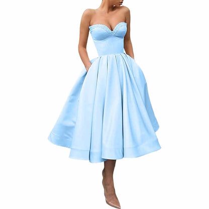 Women's Short Prom Dresses Ruched A-line Satin Tea Length Formal Evening Party Dress with Pockets