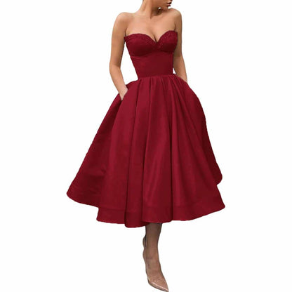 Women's Short Prom Dresses Ruched A-line Satin Tea Length Formal Evening Party Dress with Pockets