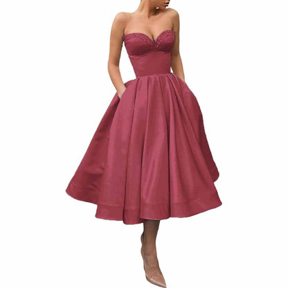 Women's Short Prom Dresses Ruched A-line Satin Tea Length Formal Evening Party Dress with Pockets