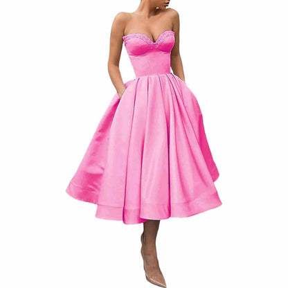Women's Short Prom Dresses Ruched A-line Satin Tea Length Formal Evening Party Dress with Pockets