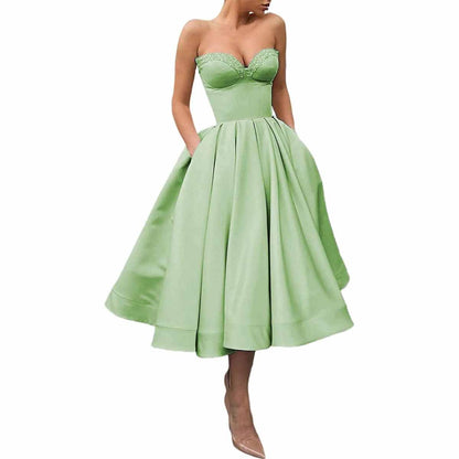 Women's Short Prom Dresses Ruched A-line Satin Tea Length Formal Evening Party Dress with Pockets