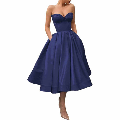 Women's Short Prom Dresses Ruched A-line Satin Tea Length Formal Evening Party Dress with Pockets