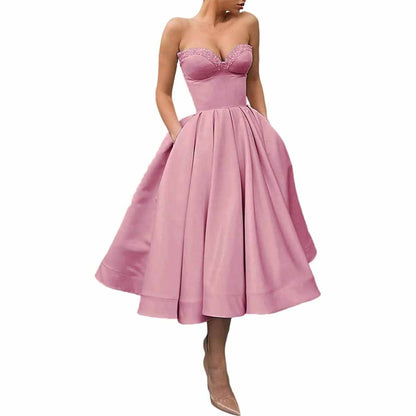 Women's Short Prom Dresses Ruched A-line Satin Tea Length Formal Evening Party Dress with Pockets