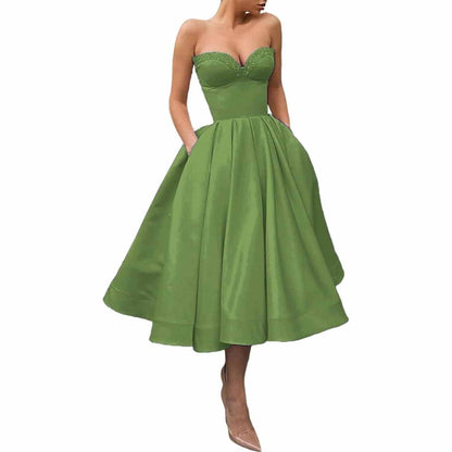 Women's Short Prom Dresses Ruched A-line Satin Tea Length Formal Evening Party Dress with Pockets