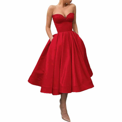 Women's Short Prom Dresses Ruched A-line Satin Tea Length Formal Evening Party Dress with Pockets