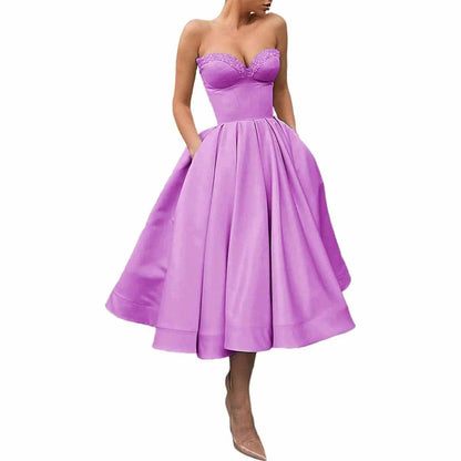 Women's Short Prom Dresses Ruched A-line Satin Tea Length Formal Evening Party Dress with Pockets