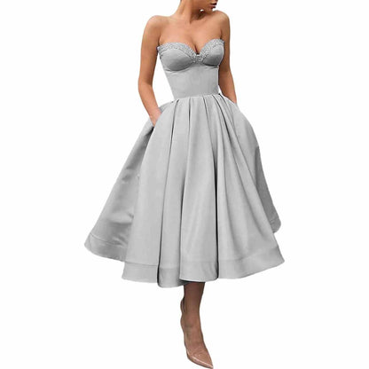 Women's Short Prom Dresses Ruched A-line Satin Tea Length Formal Evening Party Dress with Pockets