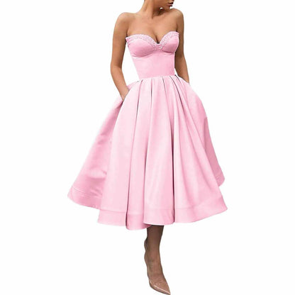 Women's Short Prom Dresses Ruched A-line Satin Tea Length Formal Evening Party Dress with Pockets