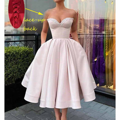 Women's Short Prom Dresses Ruched A-line Satin Tea Length Formal Evening Party Dress with Pockets