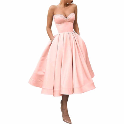 Women's Short Prom Dresses Ruched A-line Satin Tea Length Formal Evening Party Dress with Pockets