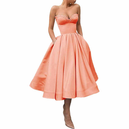 Women's Short Prom Dresses Ruched A-line Satin Tea Length Formal Evening Party Dress with Pockets