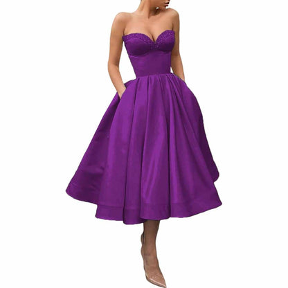 Women's Short Prom Dresses Ruched A-line Satin Tea Length Formal Evening Party Dress with Pockets