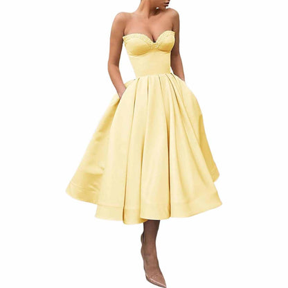Women's Short Prom Dresses Ruched A-line Satin Tea Length Formal Evening Party Dress with Pockets