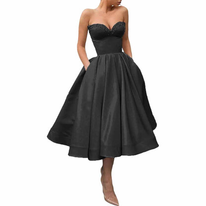 Women's Short Prom Dresses Ruched A-line Satin Tea Length Formal Evening Party Dress with Pockets