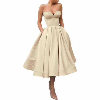 Women's Short Prom Dresses Ruched A-line Satin Tea Length Formal Evening Party Dress with Pockets