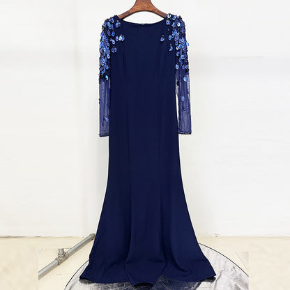 Crystal Long Sleeve Evening Dress Round-Neck Prom Dress