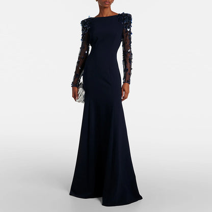 Crystal Long Sleeve Evening Dress Round-Neck Prom Dress