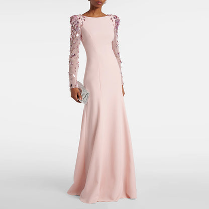Crystal Long Sleeve Evening Dress Round-Neck Prom Dress