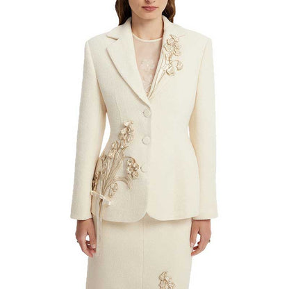 Ivory Floral Appliqué Skirt Suit | 2 Piece Blazer & Midi Skirt Set
