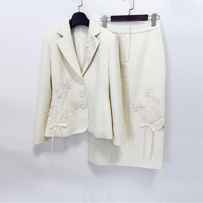 Ivory Floral Appliqué Skirt Suit | 2 Piece Blazer & Midi Skirt Set