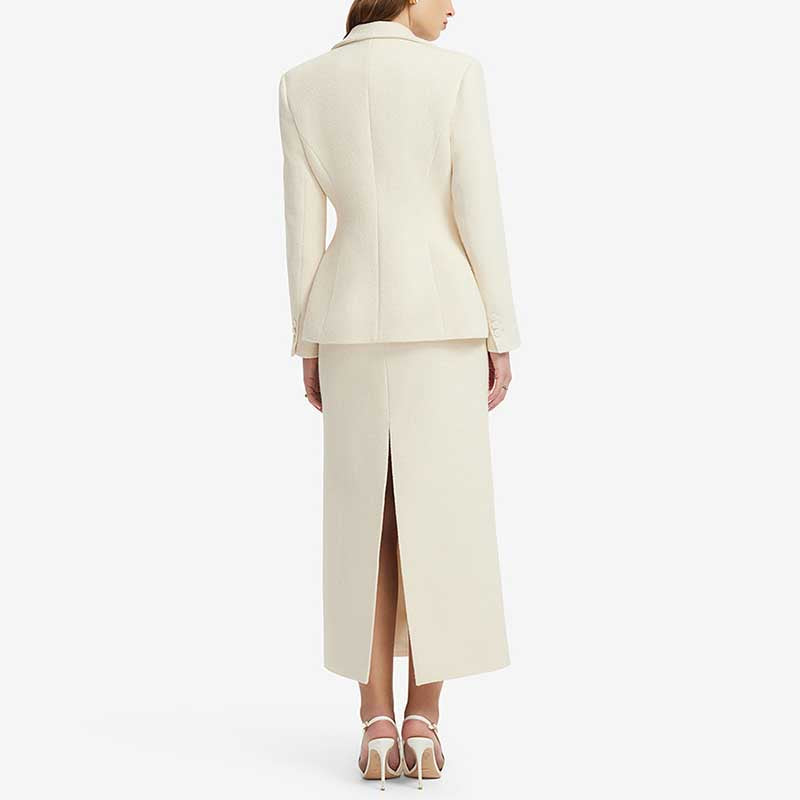 Ivory Floral Appliqué Skirt Suit | 2 Piece Blazer & Midi Skirt Set