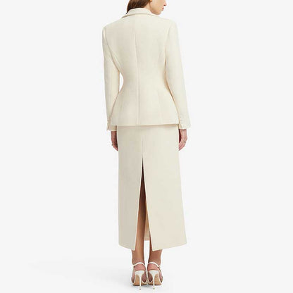 Ivory Floral Appliqué Skirt Suit | 2 Piece Blazer & Midi Skirt Set