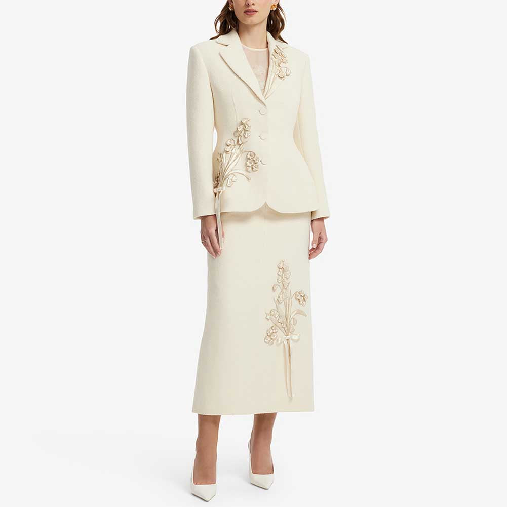 Ivory Floral Appliqué Skirt Suit | 2 Piece Blazer & Midi Skirt Set