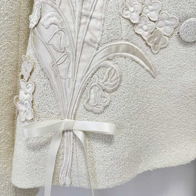 Ivory Floral Appliqué Skirt Suit | 2 Piece Blazer & Midi Skirt Set