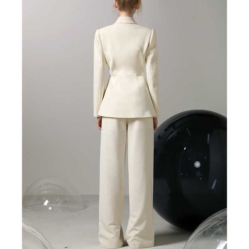 Ivory flower detail pantsuit for women with a tailored fit and elegant design seen from the back