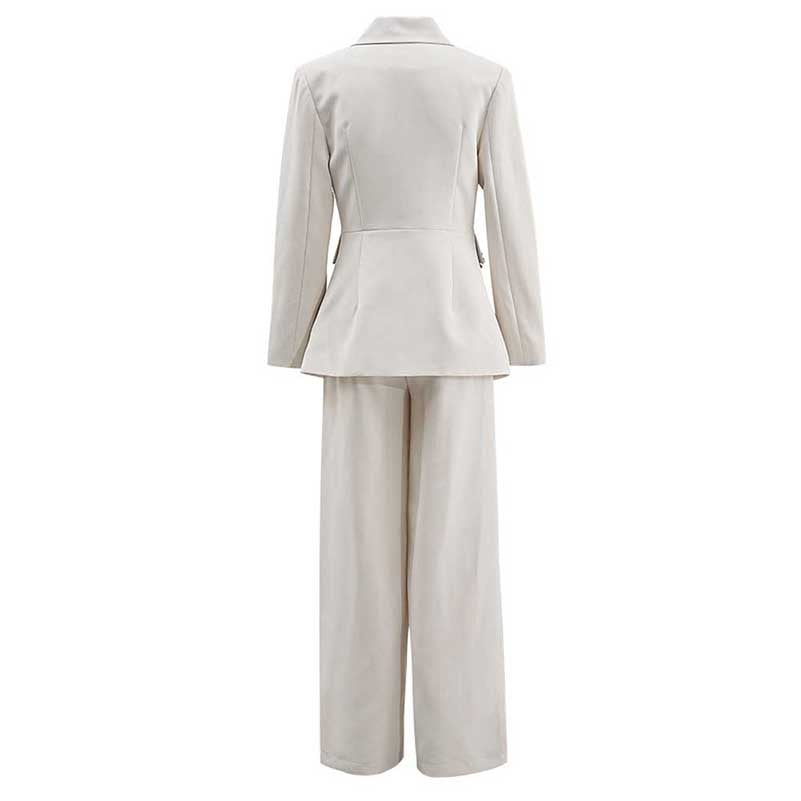 Ivory flower detail pantsuit for women featuring a stylish fitted blazer and wide-leg trousers