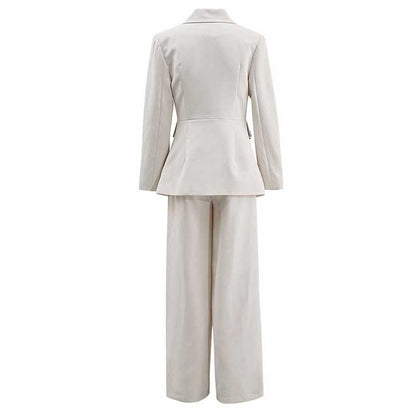 Ivory flower detail pantsuit for women featuring a stylish fitted blazer and wide-leg trousers