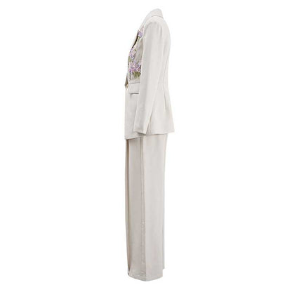 Elegant ivory flower detail pantsuit for women with a tailored fit and stylish design