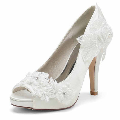 Wedding Shoes Peep Toe Stiletto Lace Satin Bridal Heels