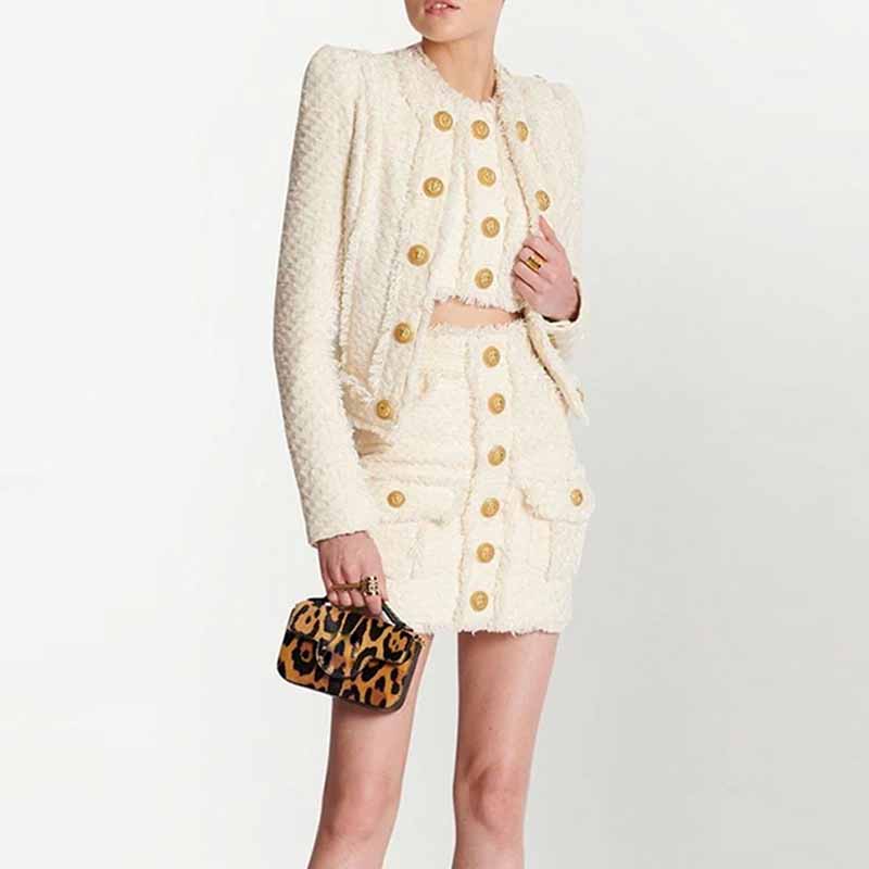 Ivory Tweed Jacket Side-To-Side Gold Buttons Coat