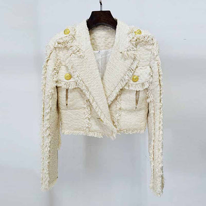 Women Golden Buttons Cream Tweed Tassel Crop Jacket + Pleated Skirt Suit, Office Suit, Wedding Suit