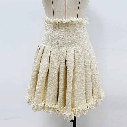 Women Golden Buttons Cream Tweed Tassel Crop Jacket + Pleated Skirt Suit, Office Suit, Wedding Suit