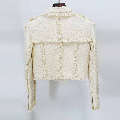 Women Golden Buttons Cream Tweed Tassel Crop Jacket + Pleated Skirt Suit, Office Suit, Wedding Suit