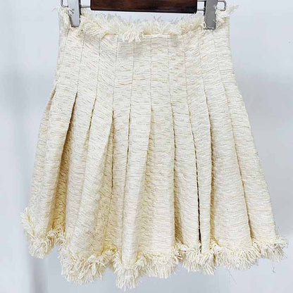 Women Golden Buttons Cream Tweed Tassel Crop Jacket + Pleated Skirt Suit, Office Suit, Wedding Suit