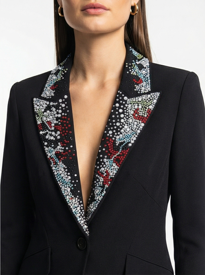 One Button Black Blazer with Beaded Collar For Women